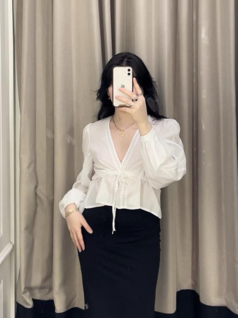 Dynamite White Tie-Front V-Neck Puff Sleeve Peplum Blouse Medium Whimsical